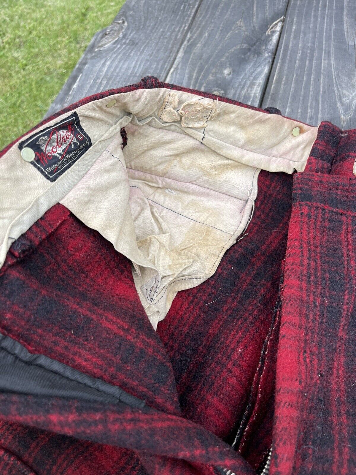 VTG 1930s/1940s WOOLRICH Red/Black Plaid Hunting Suspender Pants ~ Sz 34 RARE