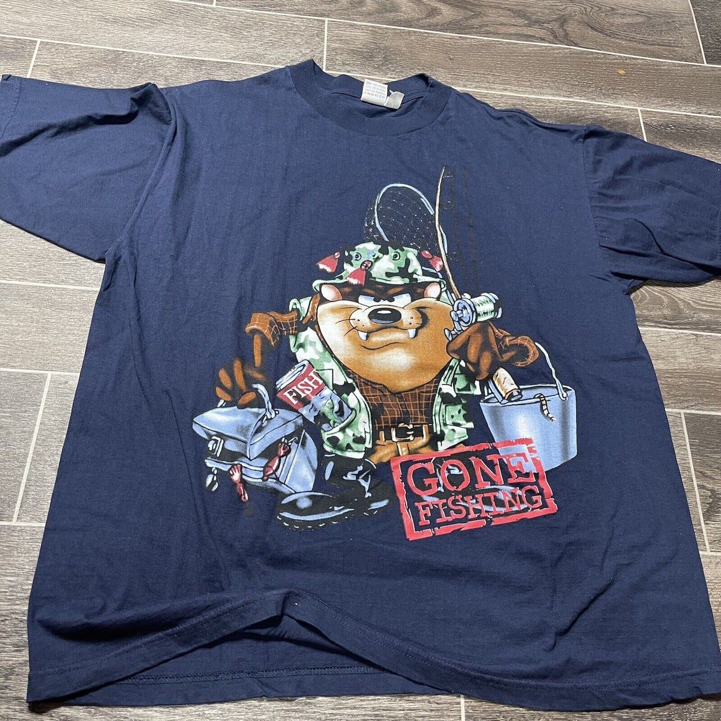 Vintage 1998 Looney Tunes Tasmanian Devil Taz Gone Fishing Blue T-Shirt Men XL